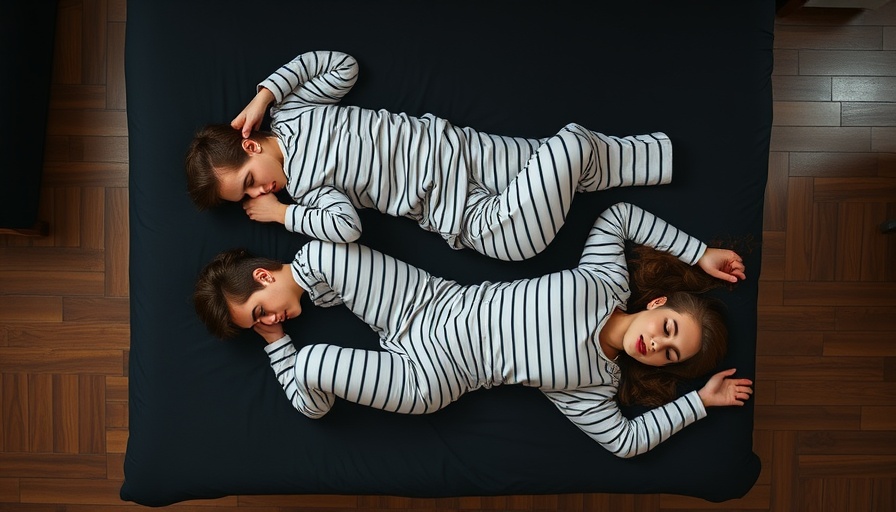 Overhead view of contrasting sleep positions on a dark bed, sleep positions and health.