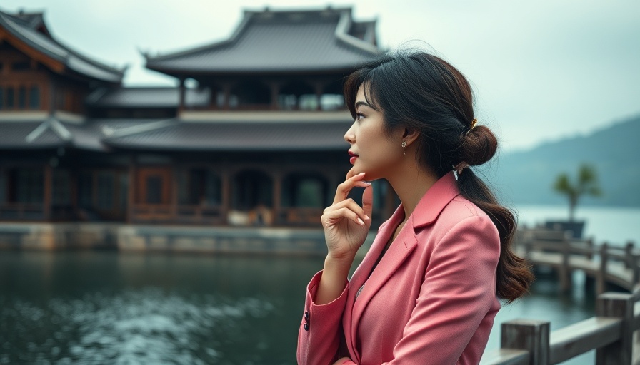 Woman in pink blazer gazing over water, serene scene with traditional architecture.