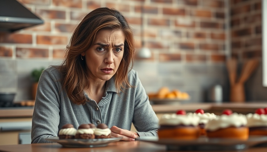 Frustrated woman facing ultra-processed food temptation in the kitchen.