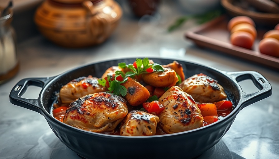 Mediterranean chicken stew in a skillet with tomatoes and basil.
