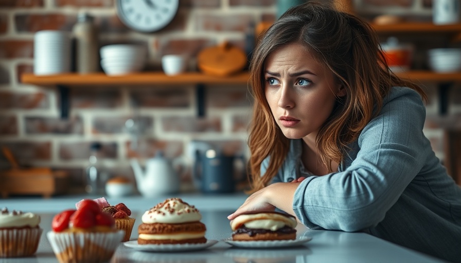 Frustrated woman staring at ultra-processed desserts, ultra-processed food addiction theme.