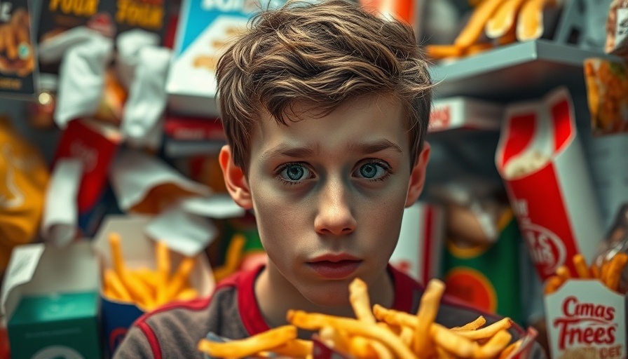 Young person surrounded by junk food illustrating memory impairment.