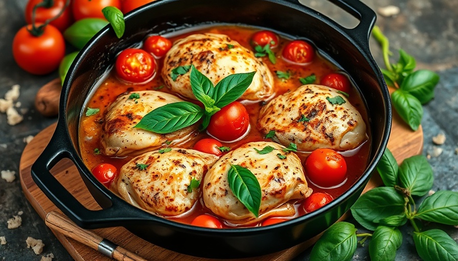 Mediterranean chicken stew with tomatoes and basil in skillet.