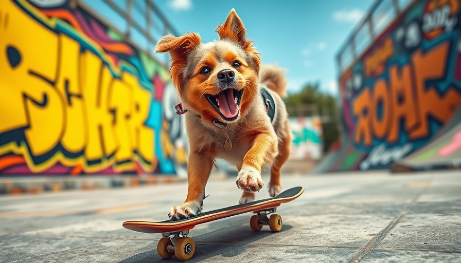 Dog skateboarding in graffiti-covered skatepark, action-packed atmosphere.