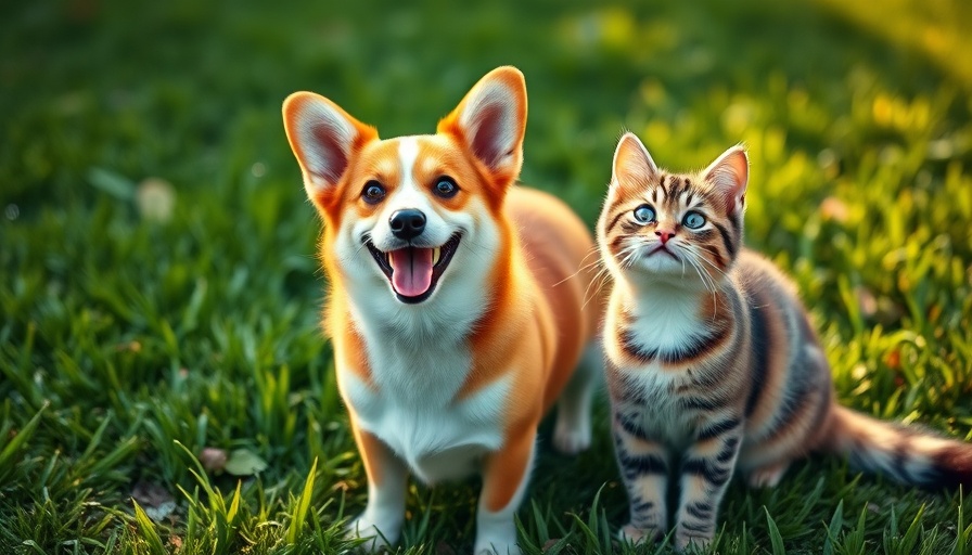 Cheerful corgi and cat on grass, promoting pet hunger awareness.