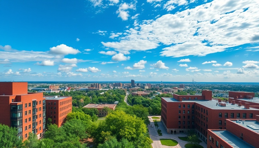 Aerial view of Trinity University with city skyline and lush greenery.