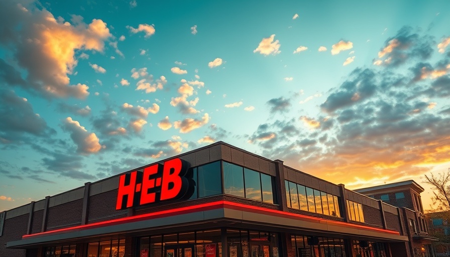 Dallas business news features H-E-B storefront with dramatic sky.