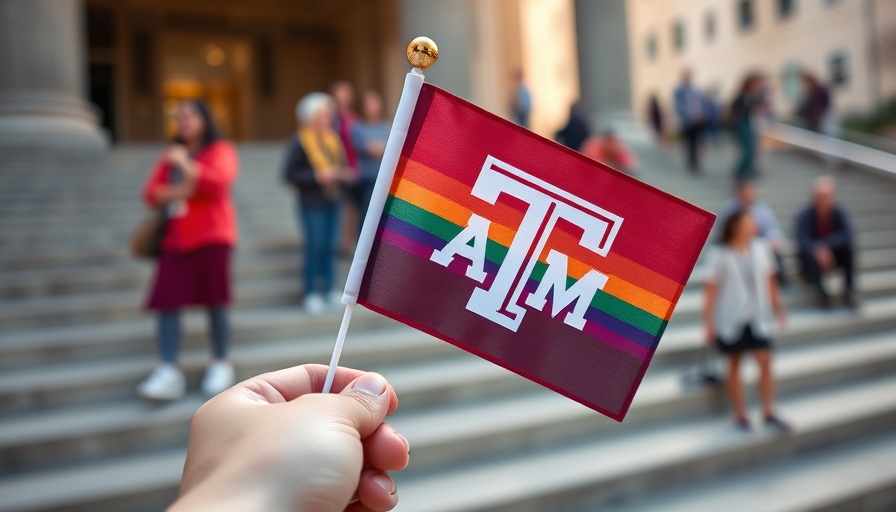 Texas A&M flag with rainbow colors held by hand, diverse identity representation