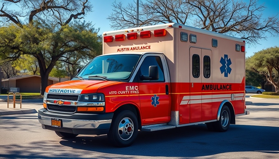 Austin-Travis County EMS ambulance in a parking lot, sunny day.