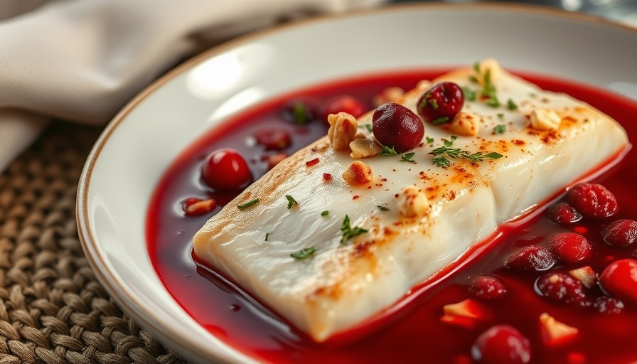 Cranberry poached halibut with herbs and nuts in sauce.