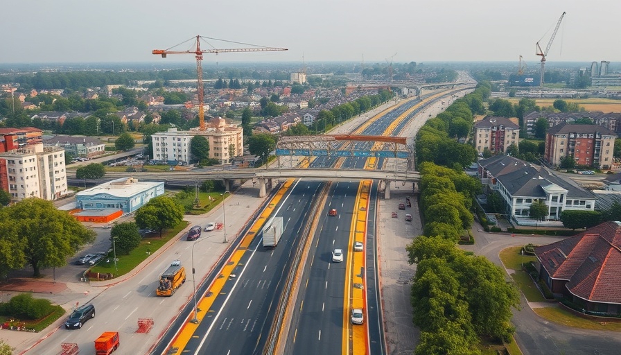 Aerial view of Flower Mound transportation projects with highway under construction.