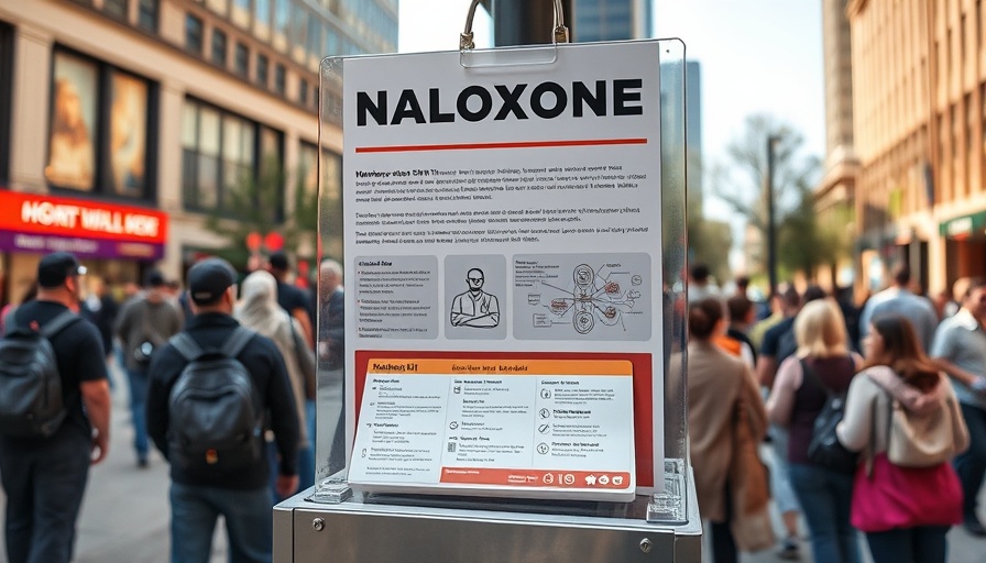 Naloxone kit display in Dallas public space for education.