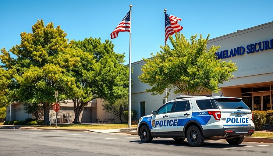Police vehicle at Homeland Security amid Dallas ICE facility shooting.