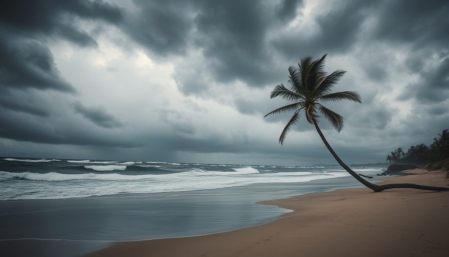 Stormy beach with strong winds and crashing waves under dark clouds, illustrating climate health threats preparedness.