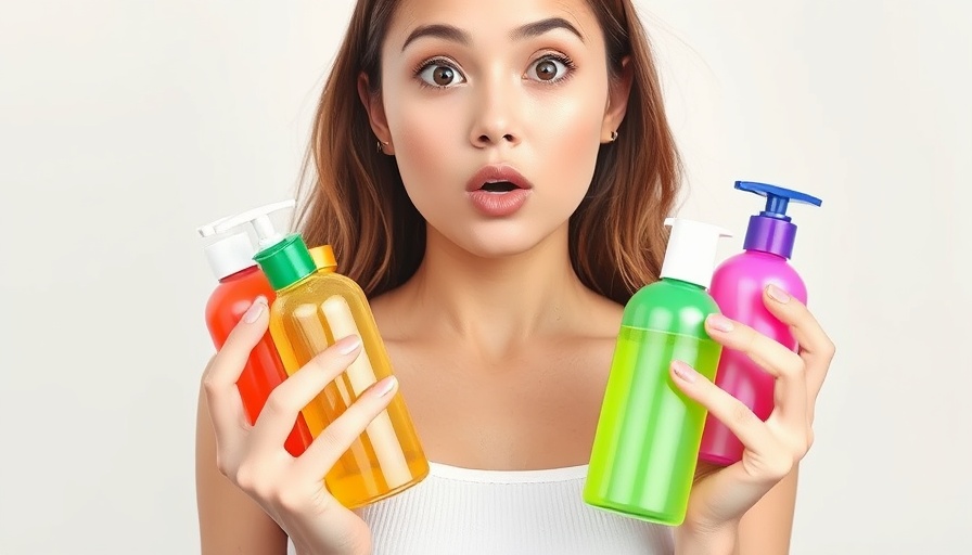 Surprised woman holding colorful shampoo bottles, highlighting sulfate-free shampoos benefits.