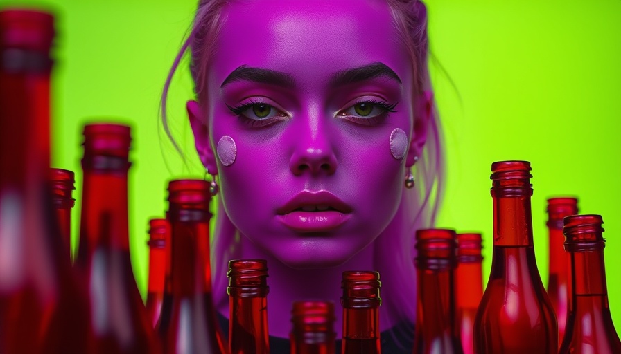 Futuristic image of woman with patches and bottles in vibrant colors.