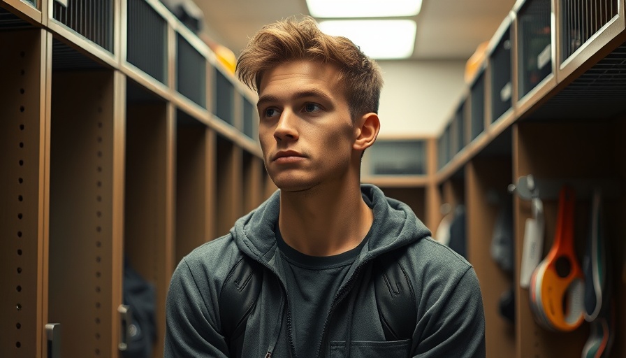 College football news: young man in locker room looking thoughtful.
