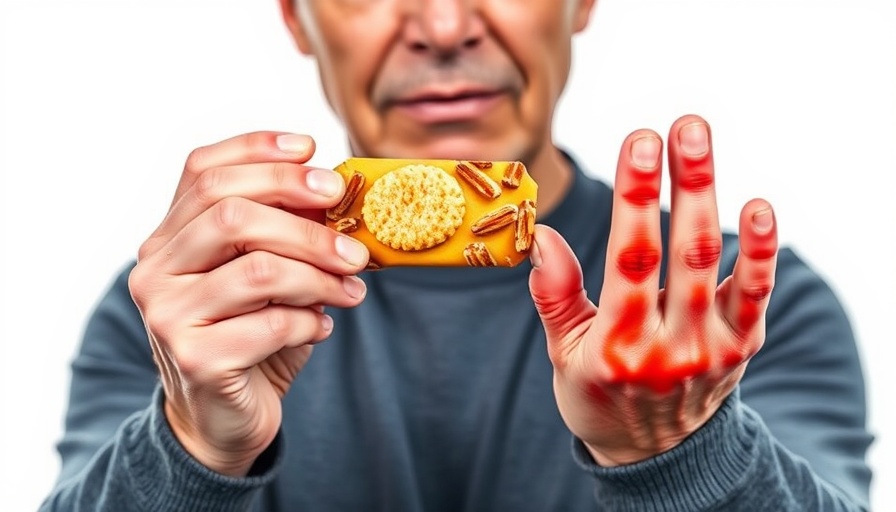 Man holding snack bar assessing impact on arthritis symptoms.