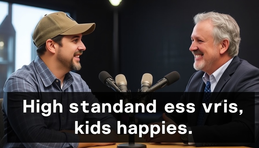 Podcast cover on high standards for kids happiness with two speakers.