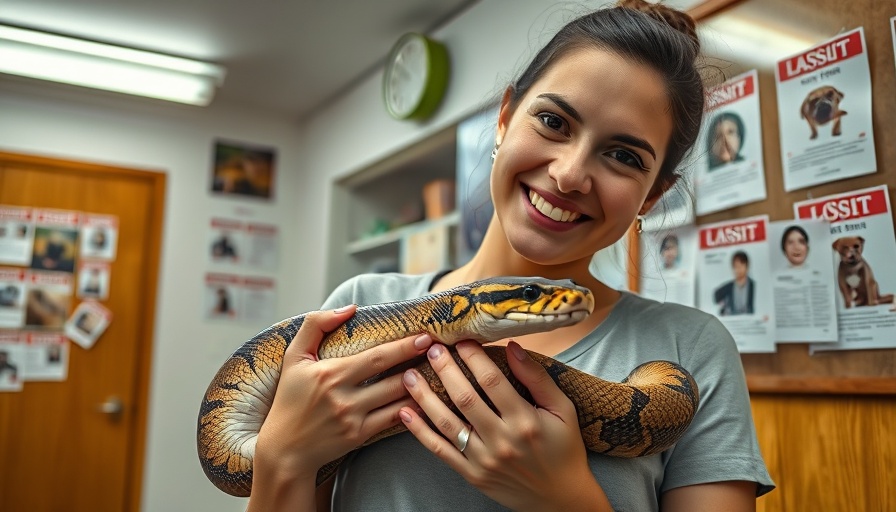 Smiling woman holds python indoors, room with flyers; python found at In-N-Out.