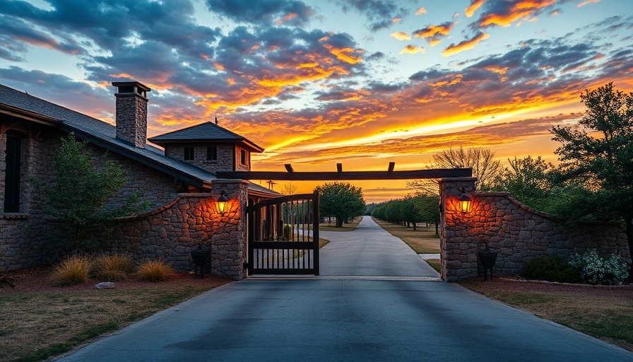 Rustic ranch entrance at sunset in North Texas, ideal for horse sales.