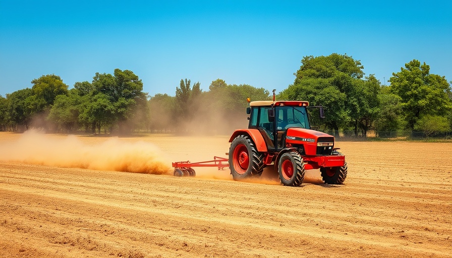 Impact of government shutdown on farmers: red tractor plowing dusty field.