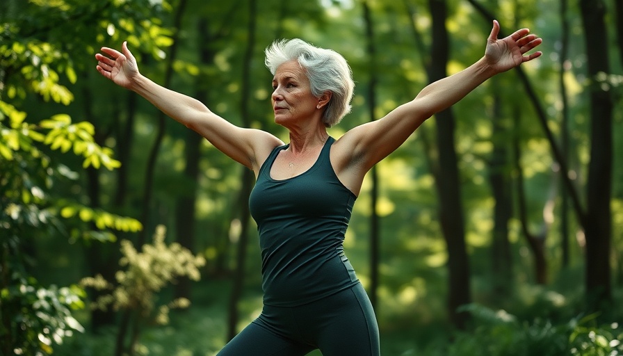 Older woman practicing yoga in nature, health and wellness.