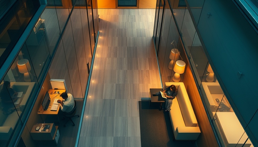 Aerial shot of modern offices showing people working alone, illustrating isolation.
