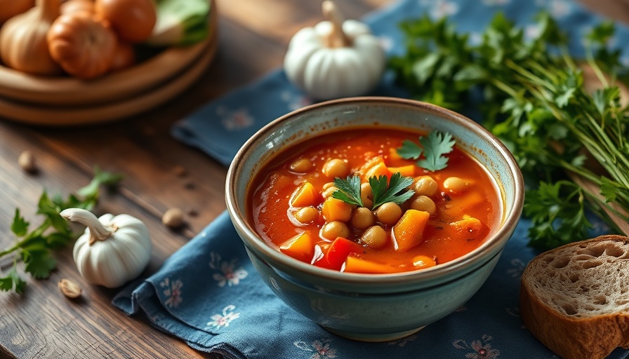 Rustic bowl of roasted red pepper and squash soup with chickpeas.