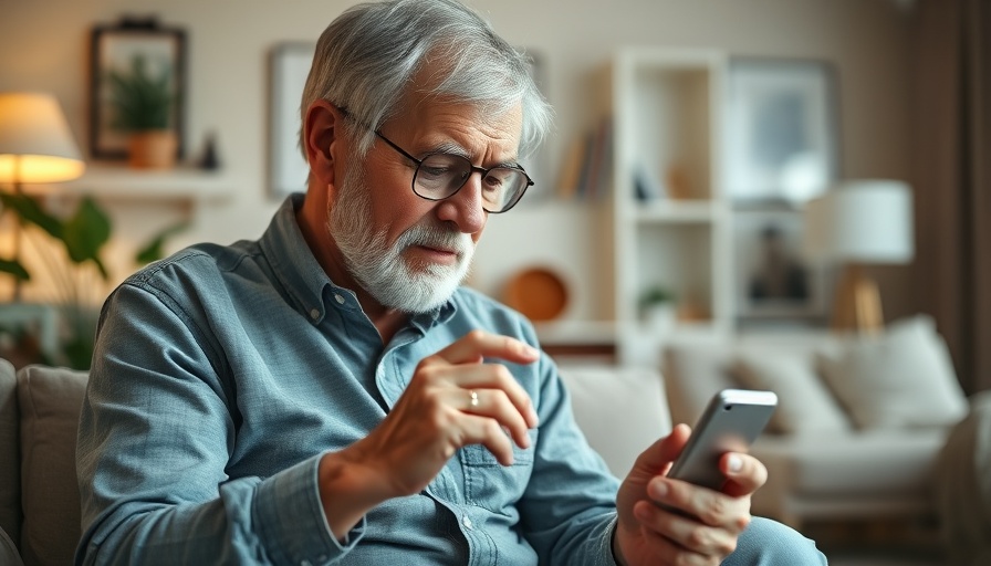 Elderly man focusing on smartphone for healthy aging tips.