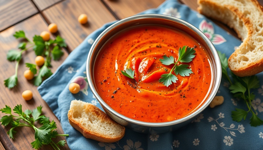 Rustic table with roasted red pepper and squash soup alongside chickpeas.