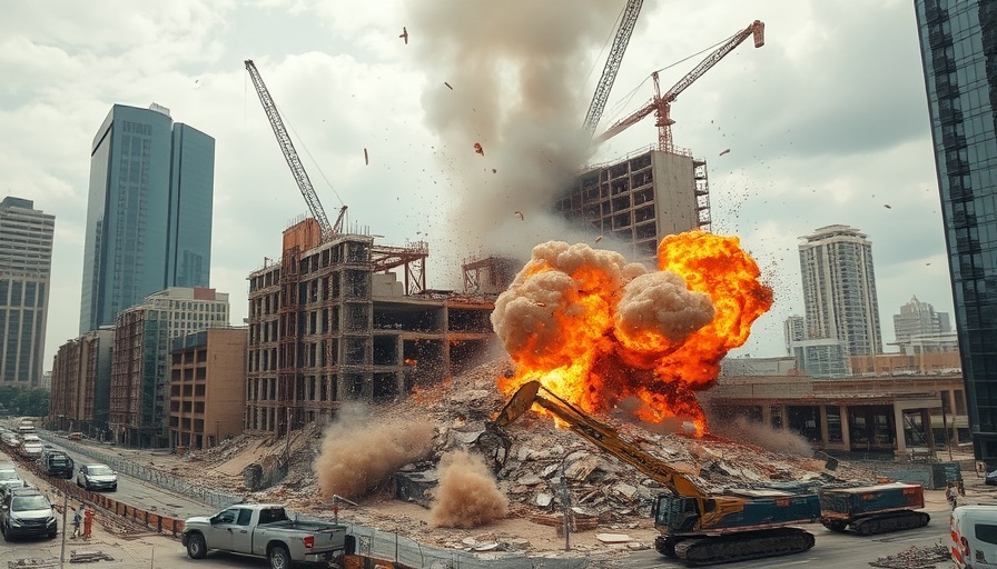 Houston construction explosion scene with debris and chaos.