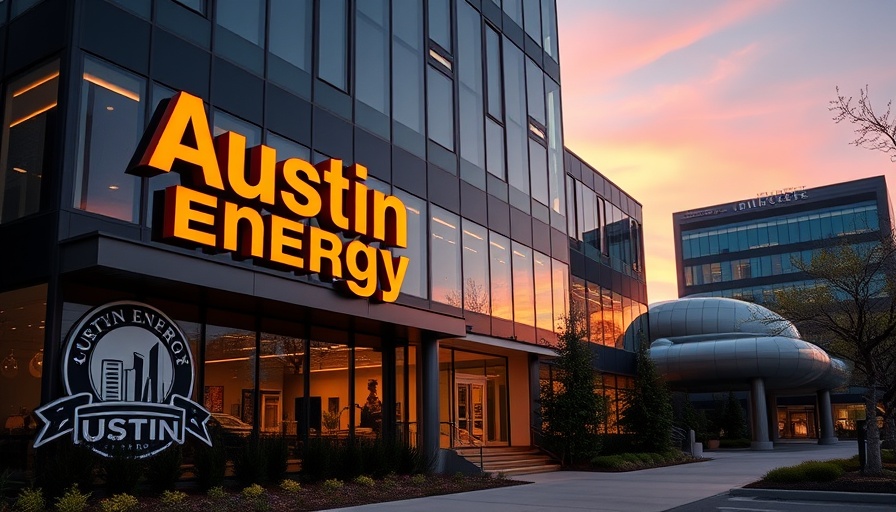 Austin Energy building with sunset reflection, rate increase.