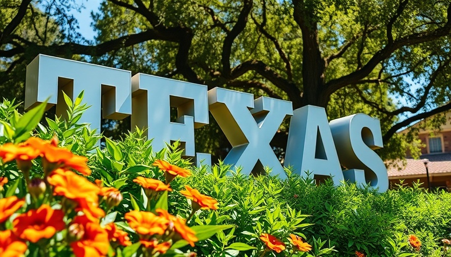 UT Austin sign partially obscured by lush plants, daylight scene.