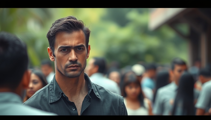 Serious male figure at event with blurred crowd background.