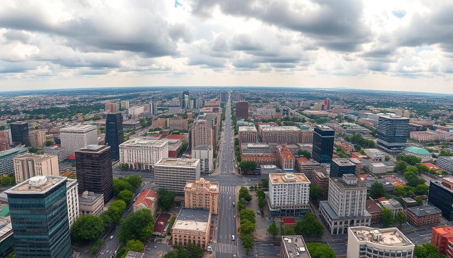 Aerial view of cityscape illustrating urban environment and public spaces.