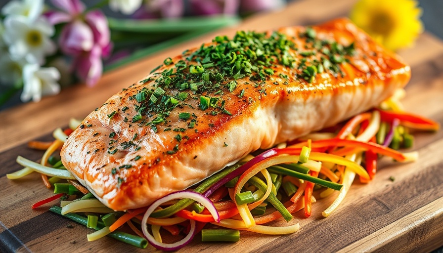 Gourmet salmon en papillote with herbs on wooden board.