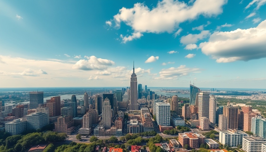 Aerial urban landscape with diverse buildings under a cloudy sky.