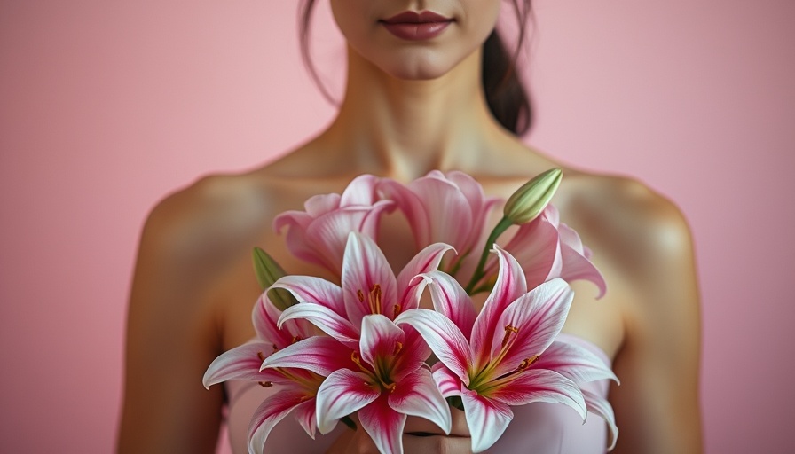 Woman with pink lilies, highlighting health awareness and sensitivity.