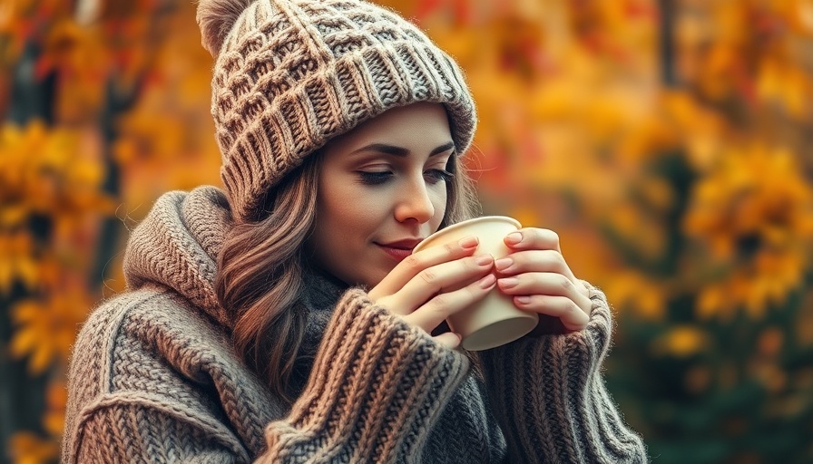 Woman enjoying fall wellness hacks with a cozy drink in autumn setting.