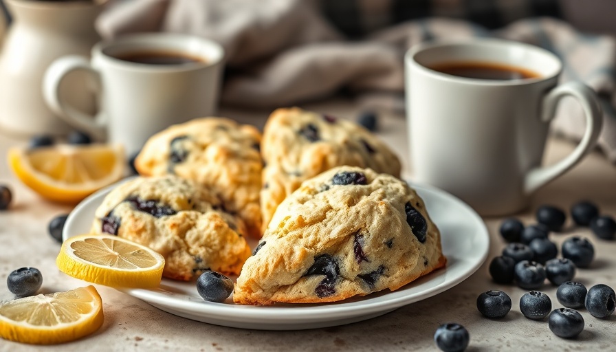 Fresh blueberry lemon scones on white plate with coffee.