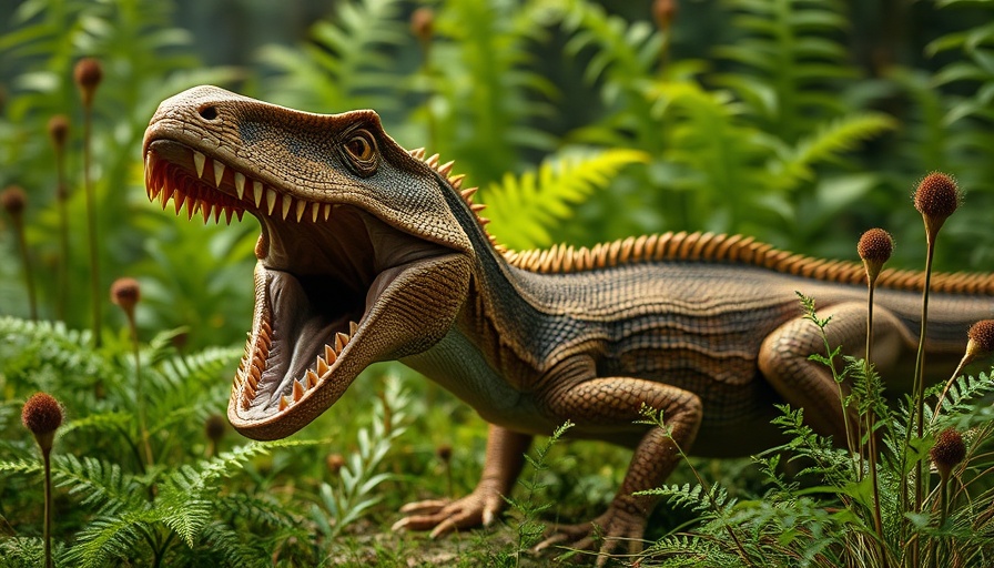 Jurassic lizard with snake-like jaws in prehistoric landscape.