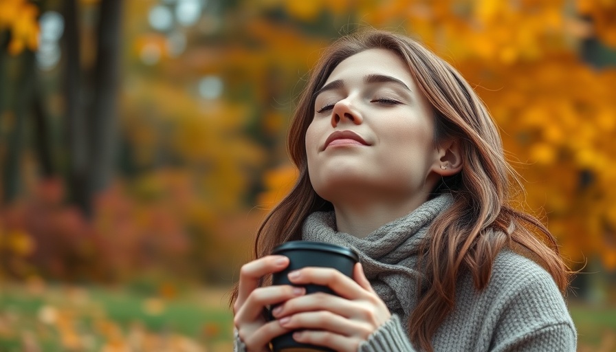 Content woman enjoying fall wellness hacks in a vibrant autumn setting.