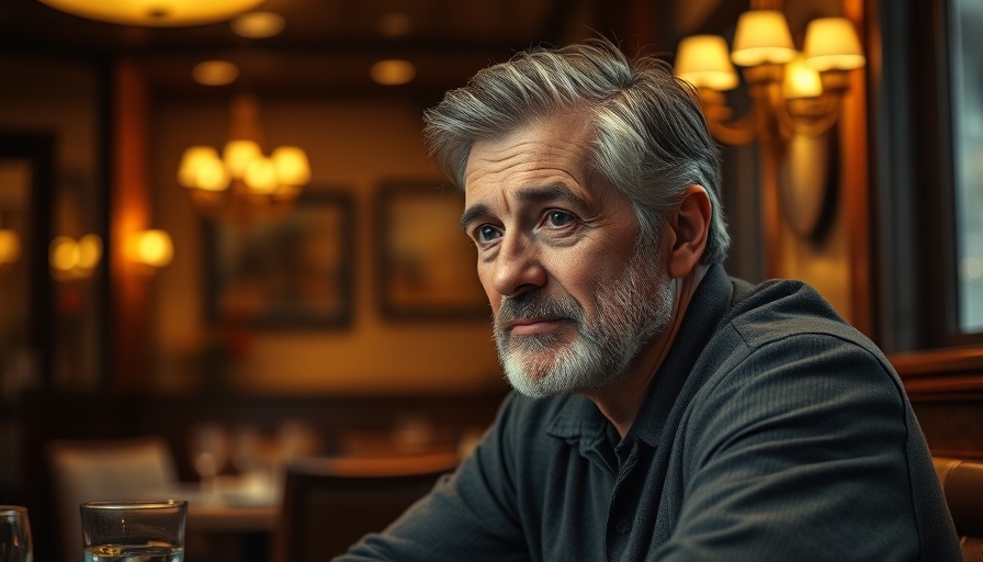 Middle-aged man in a warmly lit restaurant interior, thoughtful expression