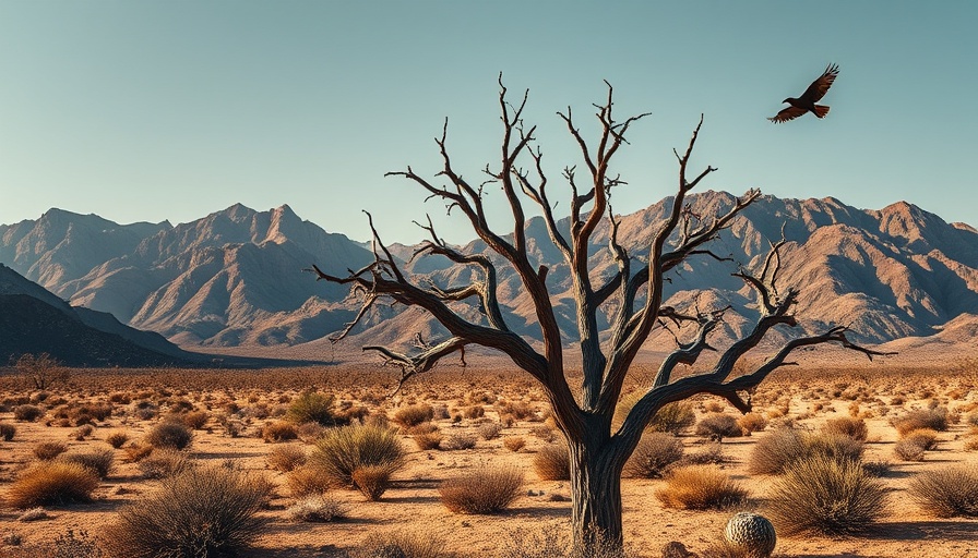 Dry Arizona desert scene with bird flying, deep shadows.