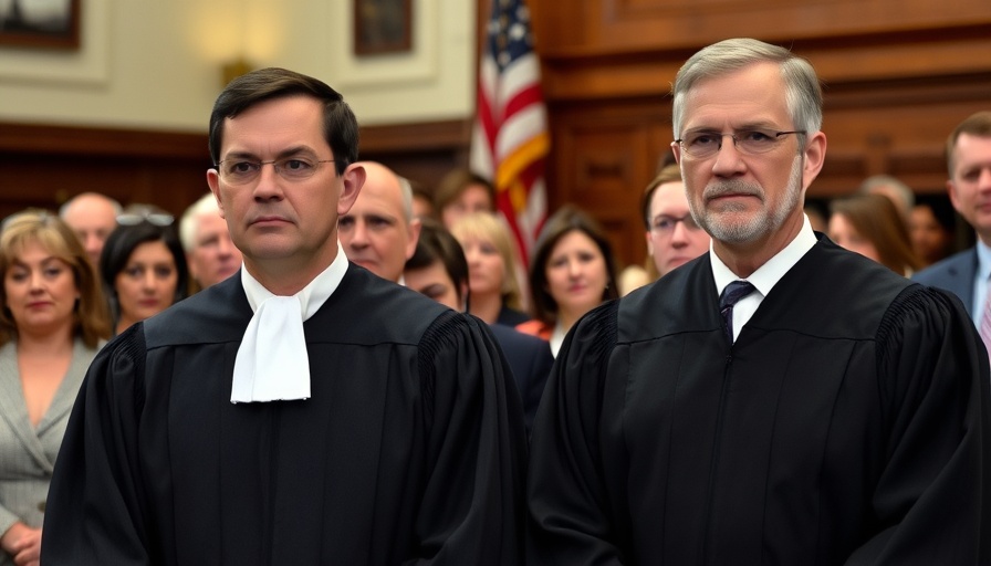 Judges standing together against an American flag backdrop indoors