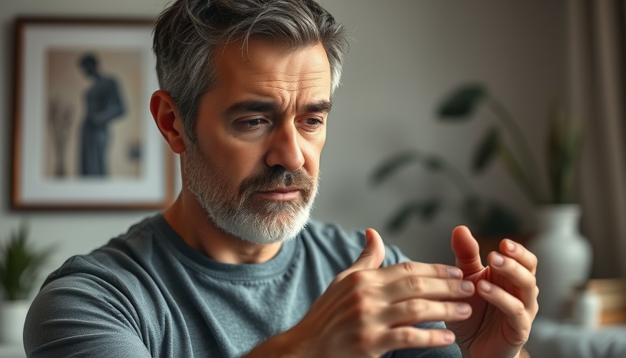 Middle-aged man demonstrating acupressure technique for natural sleep remedies for older adults, indoor setting.