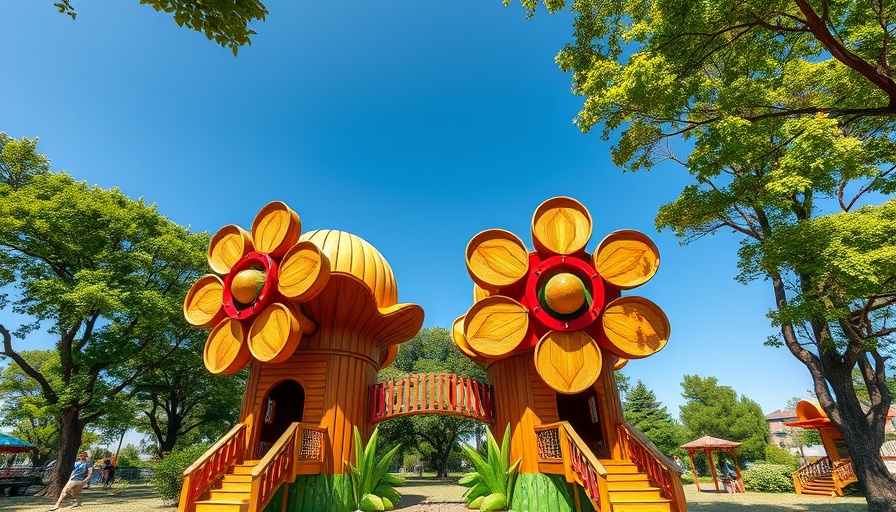 Colorful interactive forts in Austin playground under sunny skies.