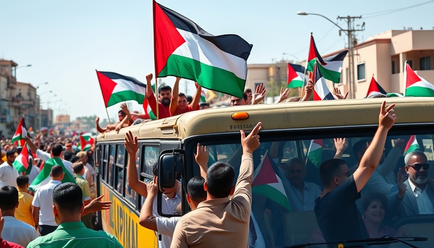 Peaceful crowd celebrating on a bus with Palestinian flag.