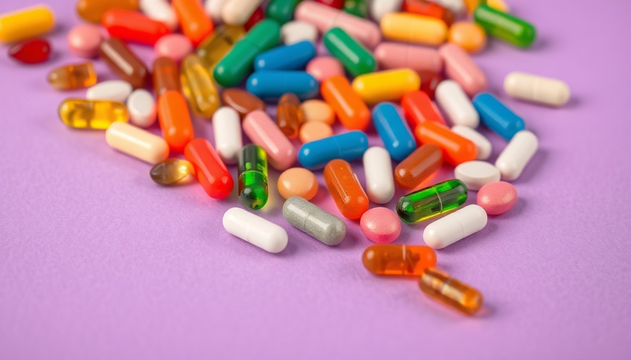 Vitamin D pills scattered on purple background.